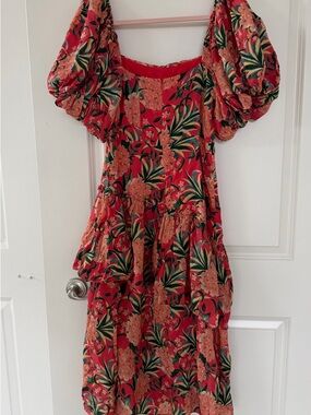 FARM Rio Red Floral Puff-Sleeve Midi Dress